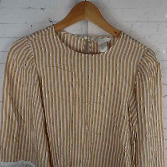 H&M MUSTARD YELLOW WHITE STRIPED WIDE CUT SLEEVE WITH LACE TRIM CROP TOP - Picture 5 of 8